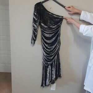 Amoretti vintage 80s one shoulder lurex metallic silver maximalist ruched sz S